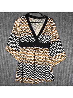 MKM Designs Chevron Print Tunic Top Medium Bell Sleeve V Neck Boho USA